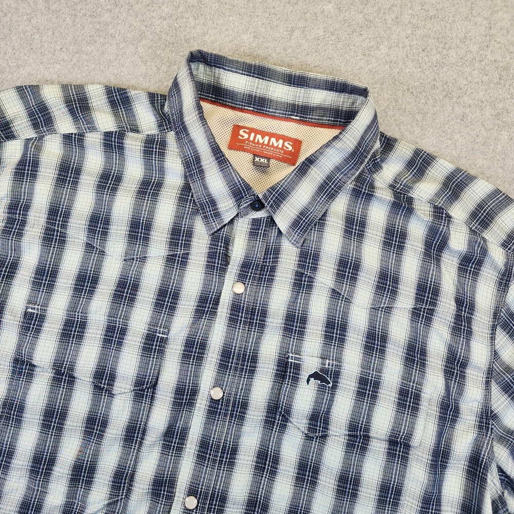 Simms Fishing Shirt Mens XXL 2XL Button Pearl Snap Plaid Vented Long Sleeve Gray - Picture 1 of 10